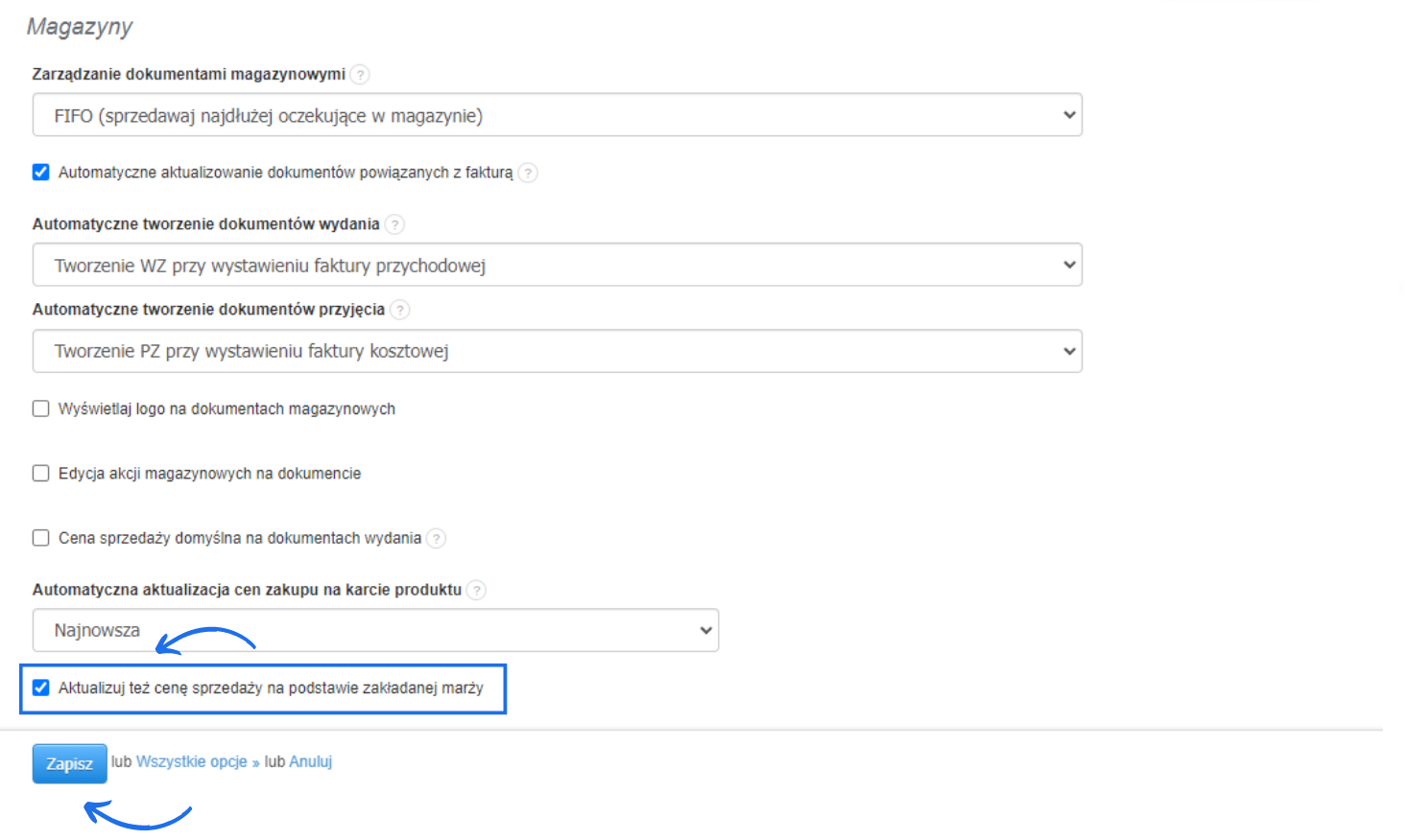 Ustawienia magazynowe z opcją aktualizacji ceny sprzedaży na podstawie założonej marży w systemie Fakturownia.
