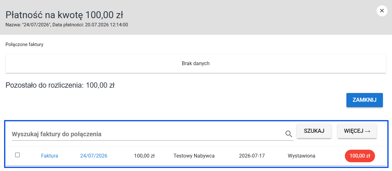 Opcja wyszukiwania pasujących do płatności dokumentów do połączenia. 