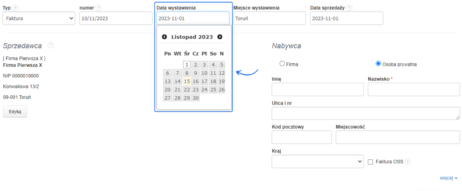 Formularz wystawiania faktury w Fakturowni z rozwijanym kalendarzem do edycji pola 'Data wystawienia' oraz szczegółami sprzedawcy i nabywcy.