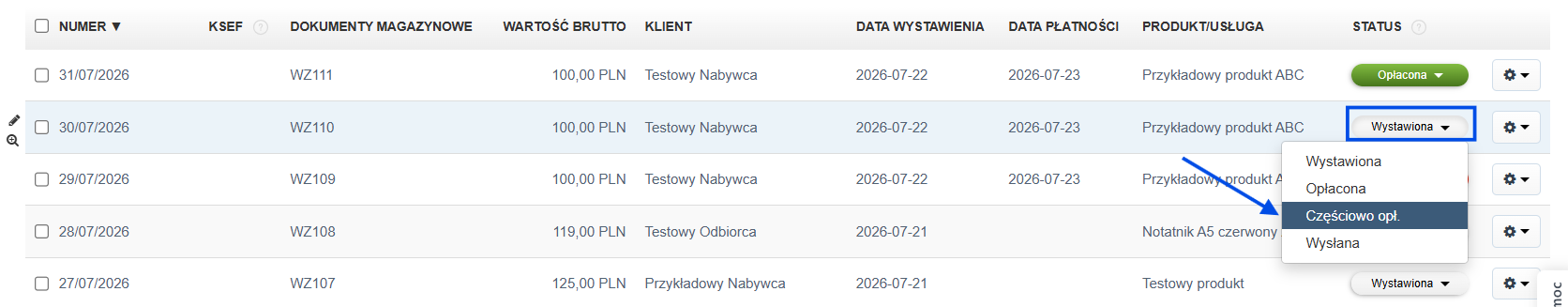 List faktur sprzedażowych z opcją zmiany statusu dokumentu.