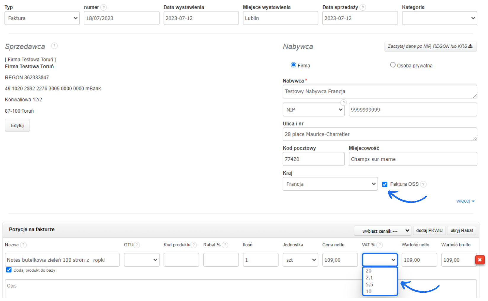 Formularz tworzenia faktury z danymi Sprzedawcy oraz Nabywcy wraz ze wskazaniem kraju Nabywcy, który ma wpływ na wybór stawek podatku.