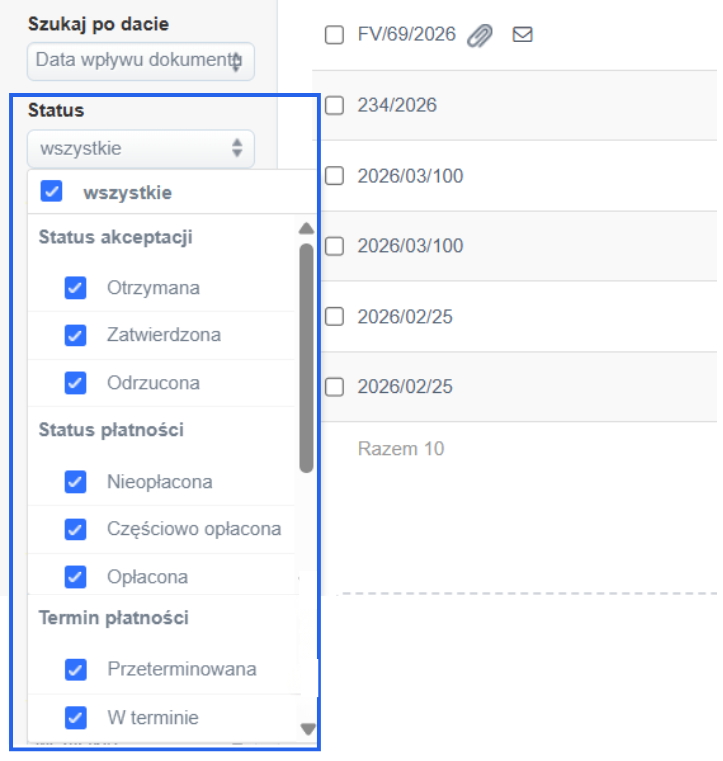 Opcja filtrowania faktur kosztowych po statusie akceptacji lub płatności.