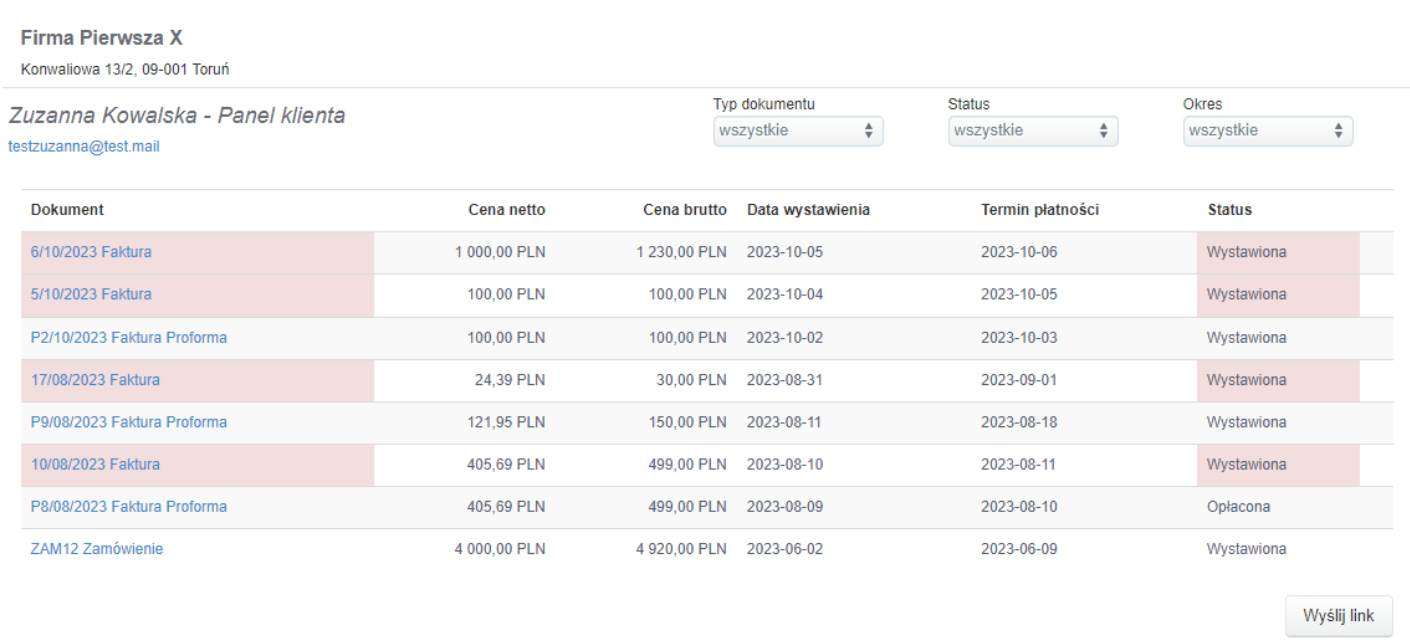 Widok panelu klienta z listą faktur Zuzanny Kowalskiej – statusy, kwoty, daty płatności i przycisk „Wyślij link”.