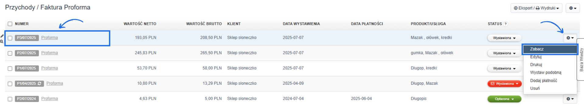 Lista faktur proforma z opcją podglądu, edycji i wystawienia dokumentu dla Sklepu Słoneczko