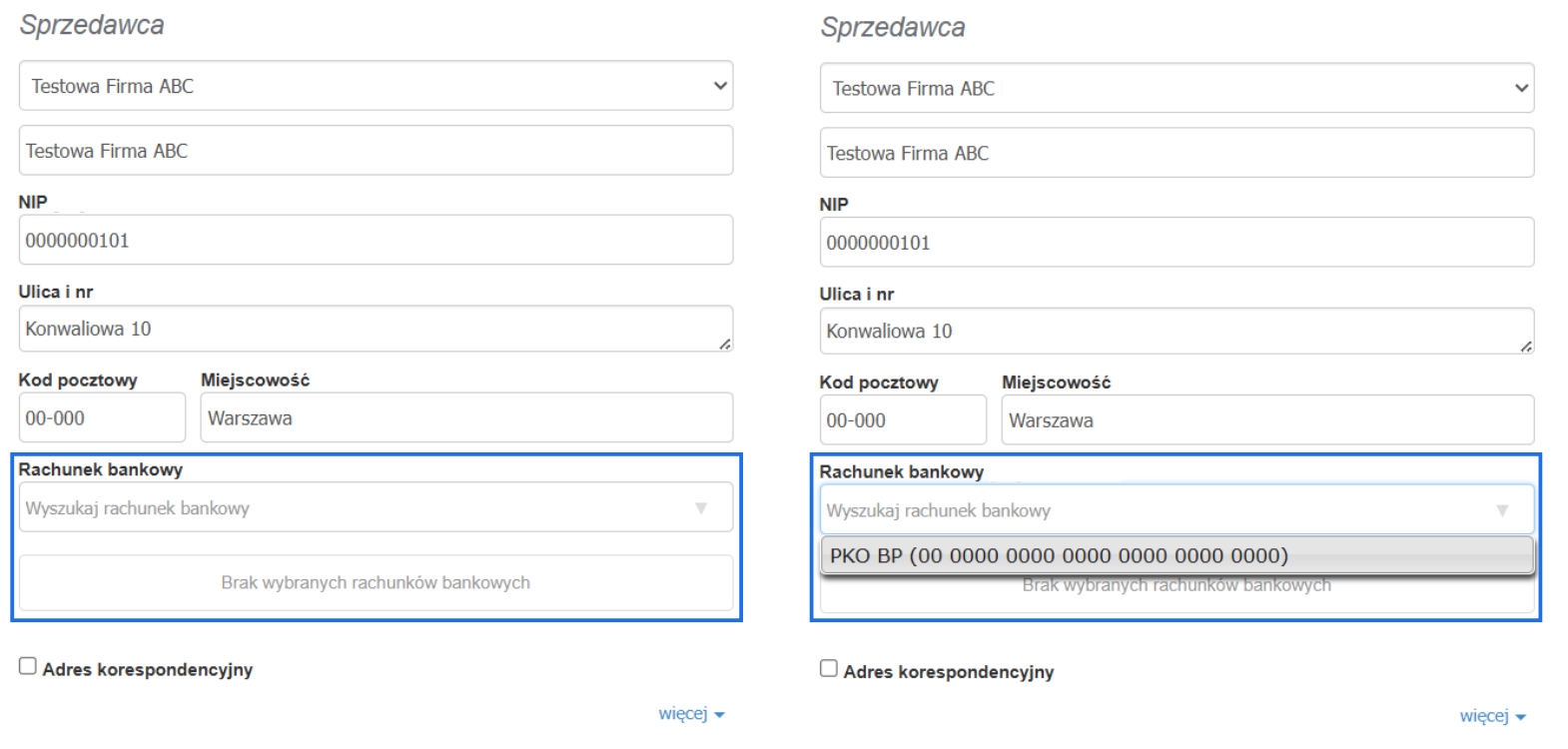 Porównanie sekcji sprzedawca na formularzu tworzenia faktury w systemie Fakturownia z opcją wyboru raachunku bankowego bez aktywnego pokaż na fakturze.