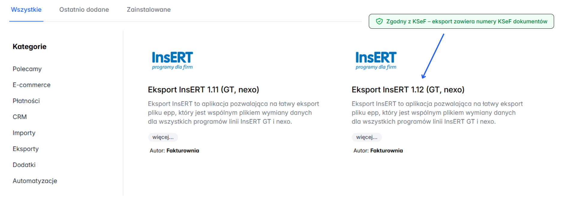 Lista eksportów do InsERT z uwzględnieniem informacji o danych dotyczących KSeF.