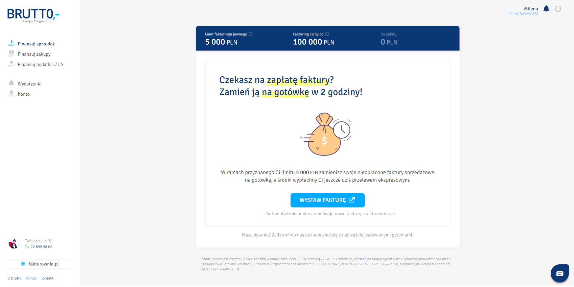 Panel użytkownika Brutto.pl z informacją o limicie faktoringu i przyciskiem do wystawienia faktury na szybką płatność.