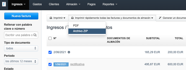 compresión facturas en archivo ZIP