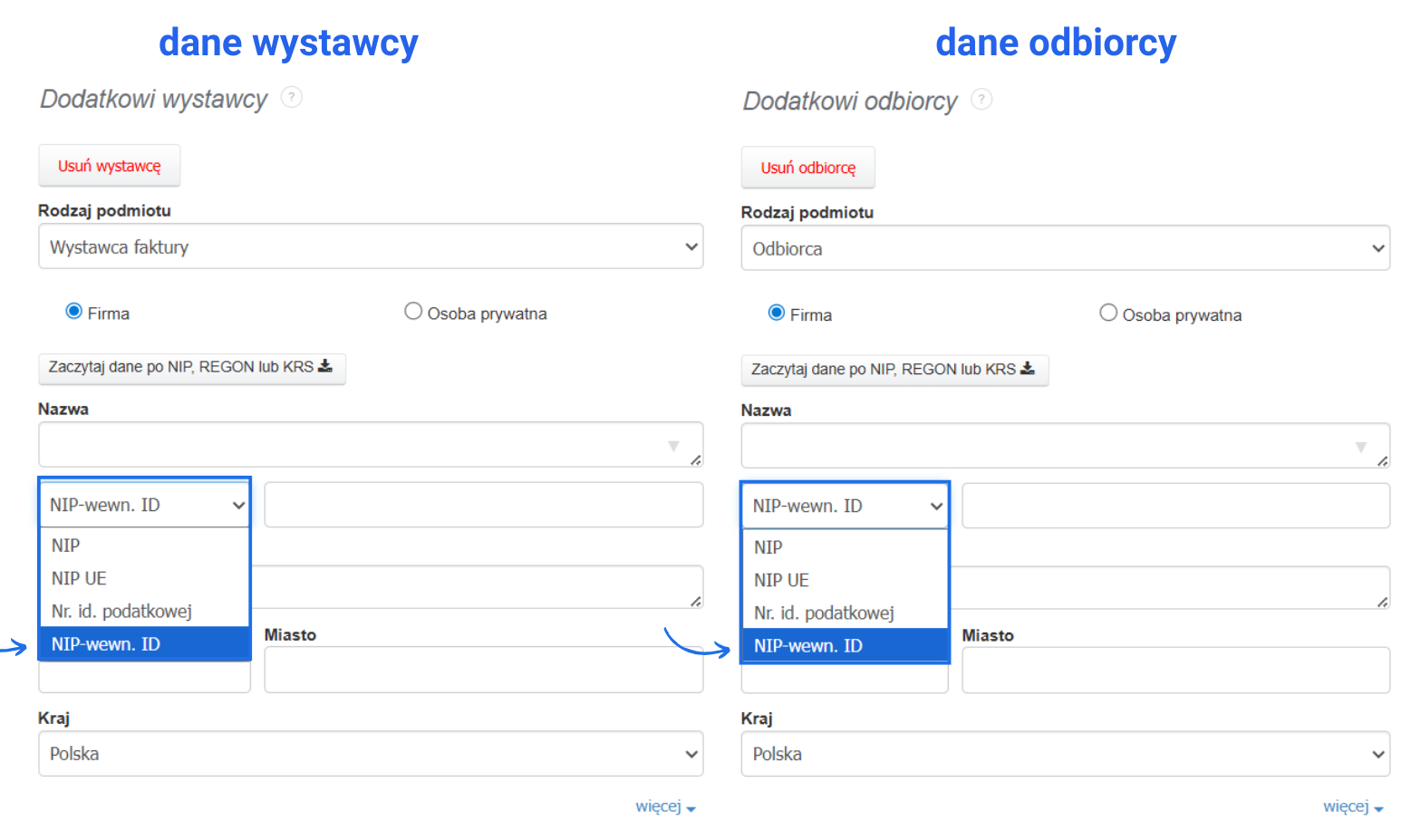 Formularz danych wystawcy i odbiorcy z dostępną opcją oznaczenia numeru identyfikacyjnego jako NIP-wewn.ID.