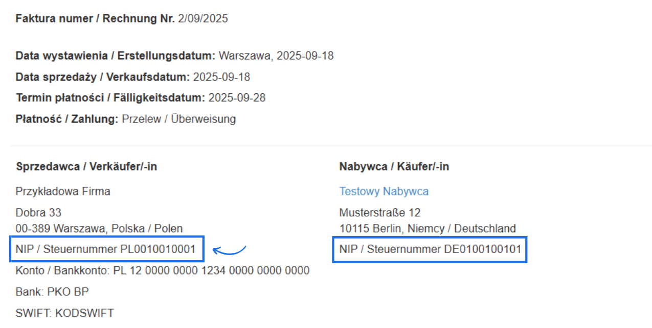 Przykład faktury europejskiej wystawionej dla kontrahenta niemieckiego, gdzie w danych sprzedawcy i nabywcy uwzględniony jest NIP EU.