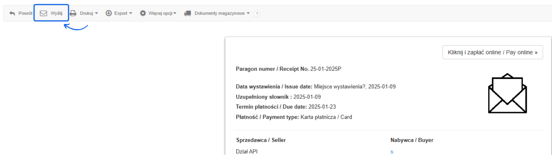 Podgląd szczegółów paragonu w systemie Fakturownia z widoczną opcją wysyłki e-paragonu e-mailem i płatnością online.