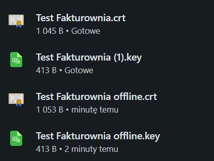 Lista plików certyfikatów i kluczy: Test Fakturownia.crt, .key oraz wersje offline do autoryzacji KSeF.
