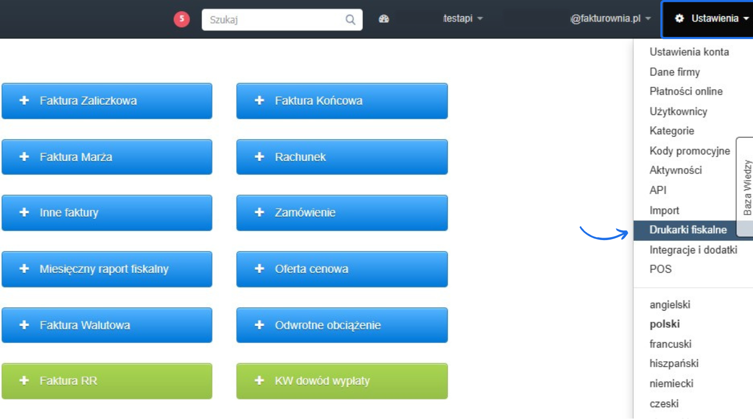 Menu Fakturowni z przyciskiem Drukarki fiskalne i widocznymi typami dokumentów do wystawienia