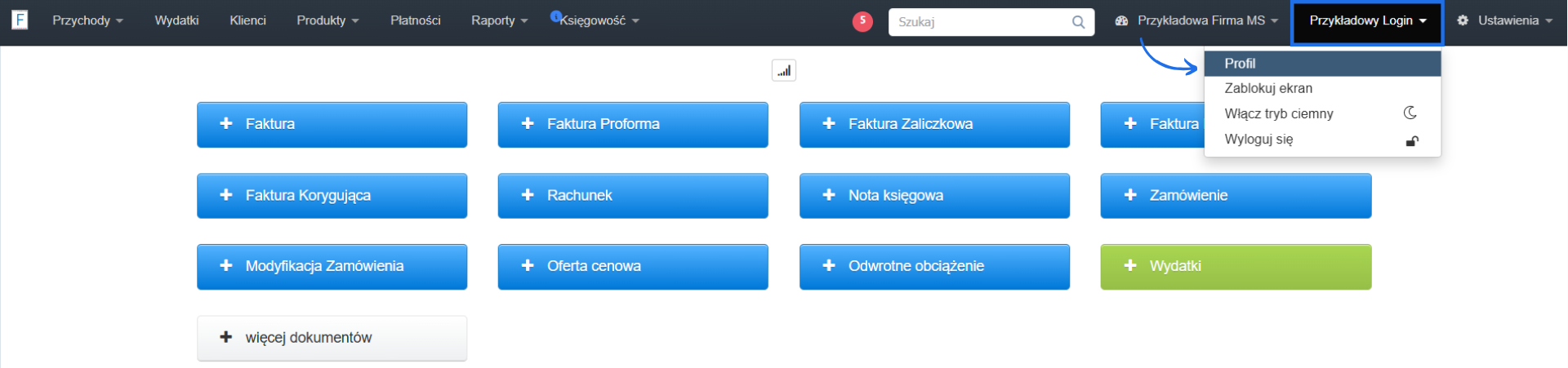 System do wystawiania faktur i innych typów dokumentów z aktywną opcją profilu użytkownika.