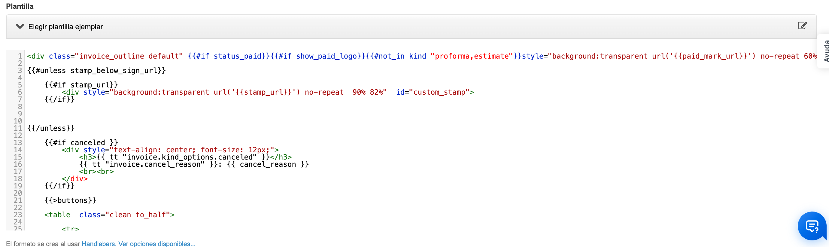 Campo HTML del editor de plantillas de factura con el código de la plantilla pegado