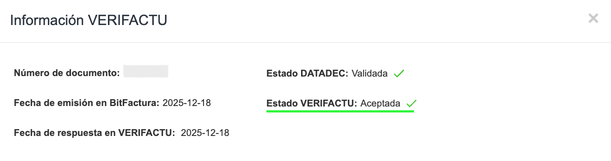 Estado VERIFACTU Aceptada con sello de aprobación de la AEAT