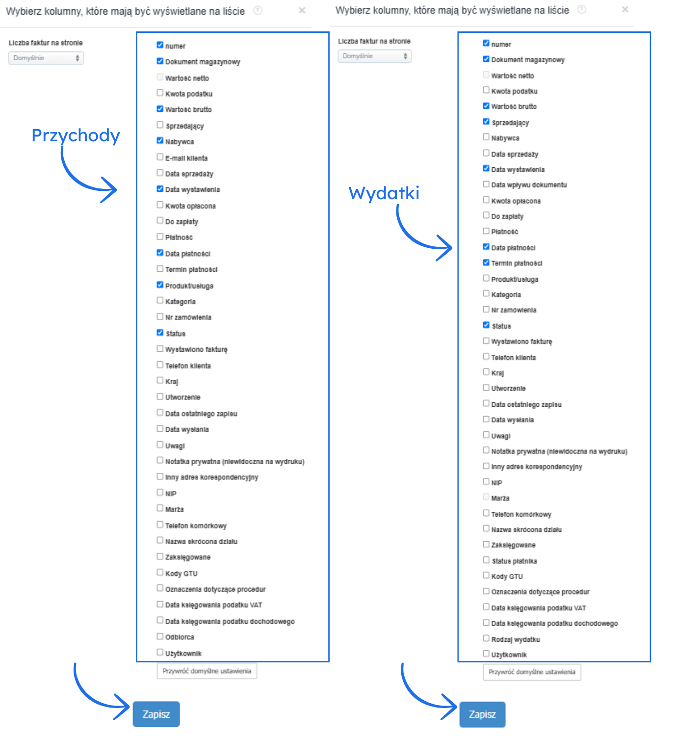 Lista opcji kolumn do wyświetlenia na liście faktur z zaznaczonymi polami, m.in. numer, wartość netto, nabywca i użytkownik.