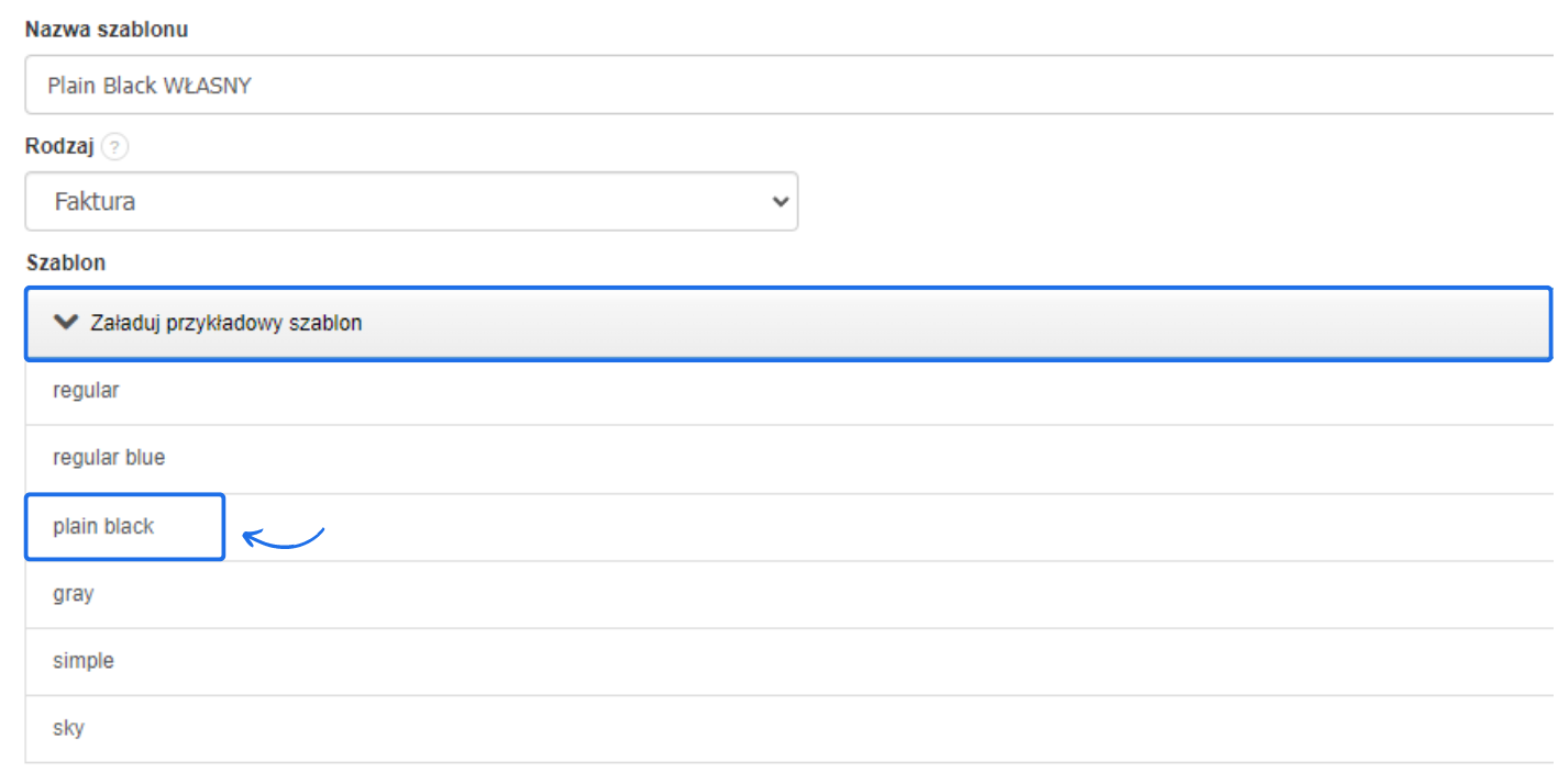 Ekran tworzenia nowego szablonu w programie Fakturownia z rozwijaną listą 'Załaduj przykładowy szablon' i wybranym szablonem 'plain black'.