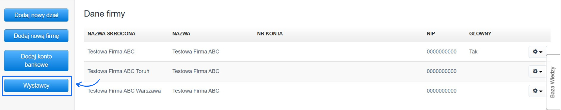 Lista działów z możliwością dodania nowej firmy lub działu, a także konta bankowego i wystawców.
