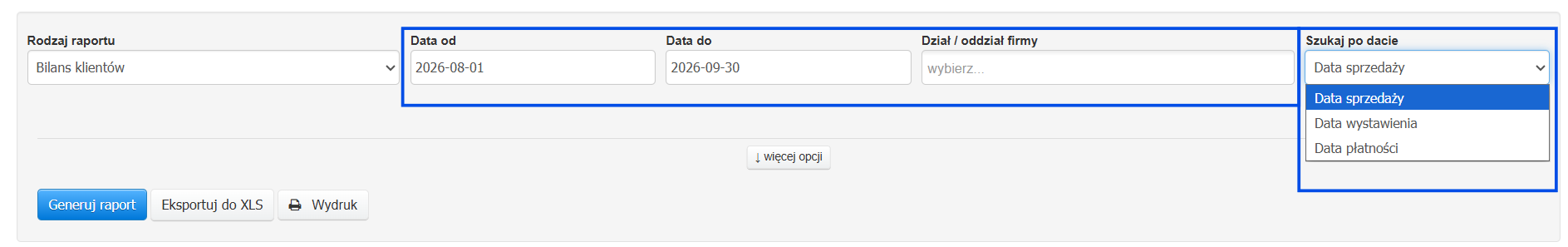 Podstawowe filtry raportu bilans klientów z możliwością określenia zakresu dat, działu i daty faktur.