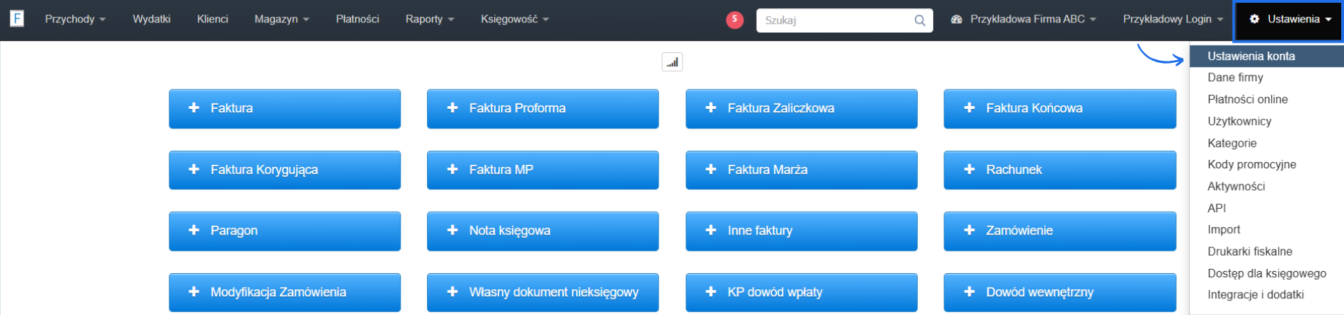 Strona główna programu Fakturownia z rozwiniętą listą ustawień oraz przyciskami do wywoływani formularza konkretnego typu dokumentu np. faktura VAT lub faktura proforma.