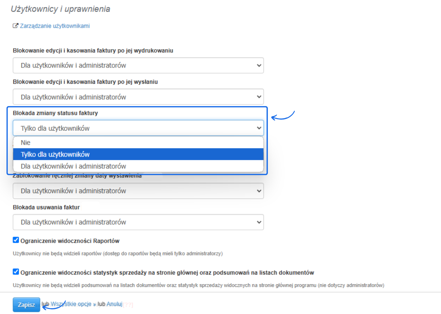 Konfiguracja blokady zmiany statusu faktury dla użytkowników i administratorów w ustawieniach systemu do zarządzania fakturami.