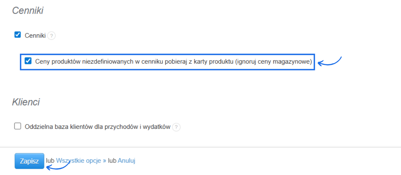Ustawienia konta dotyczące cenników i zaczytywania cen dla produktów niezdefiniowanych w cenniku.