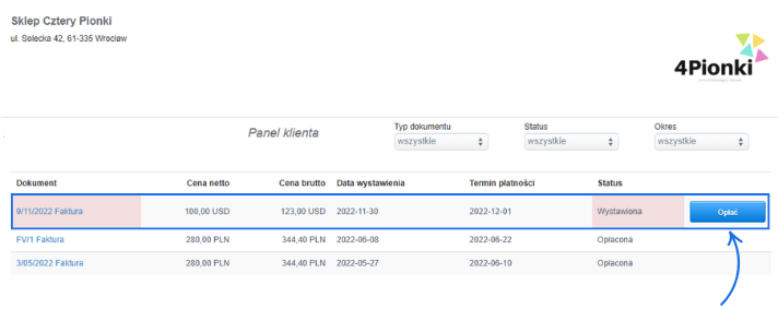 Panel klienta w Fakturowni pokazujący listę faktur, w tym jedną nieopłaconą w USD z przyciskiem „Opłać” oraz dwie faktury opłacone w PLN.