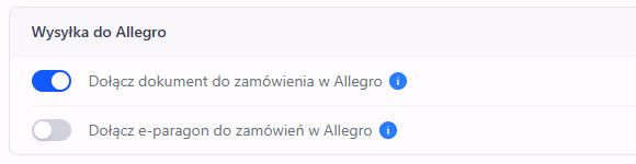 Ustawienia wysyłania danych do Allegro w integracji z Allegro w tym dołączanie dokumentu lub e-paragonu do zamówienia.