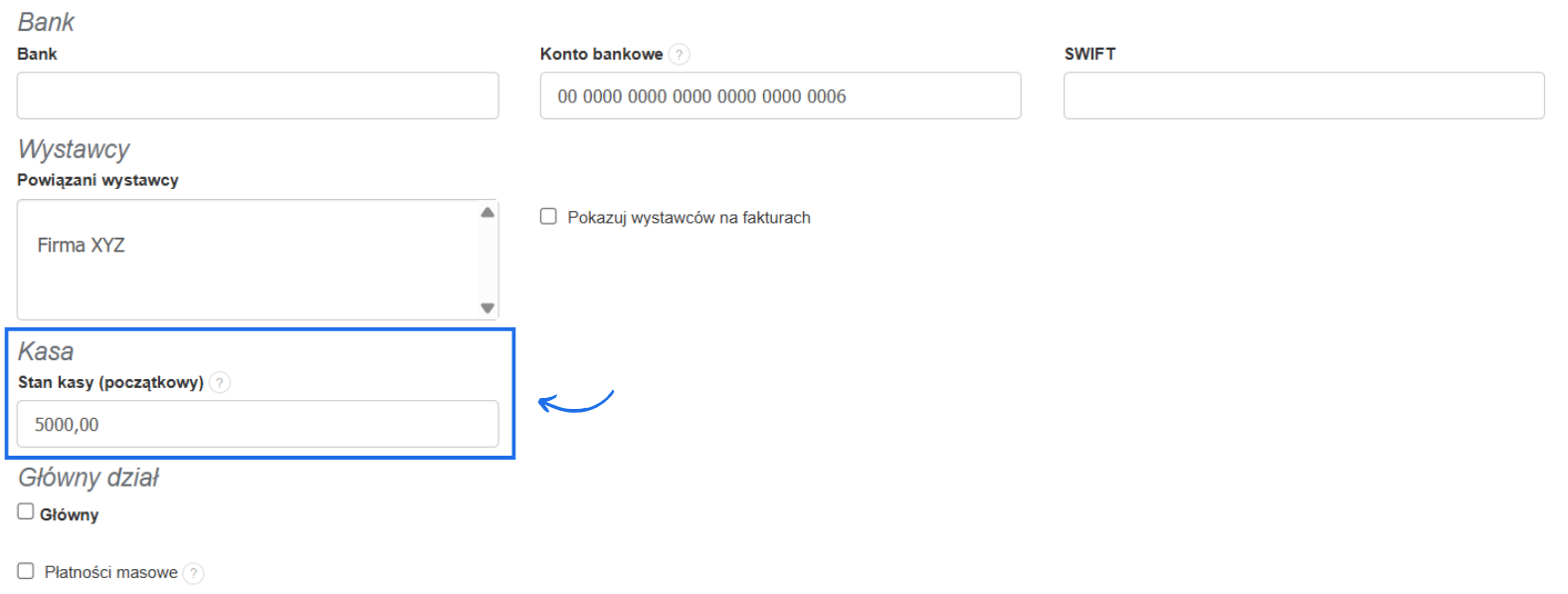 Formularz edycji działu z możliwością konfiguracji szczegółowych ustawień w tym polem stan kasy (początkowy), gdzie można określić stan początku wybranej kasy.