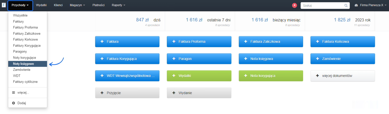 Widok menu w aplikacji Fakturownia z zaznaczoną opcją 'Noty księgowe' w sekcji 'Przychody' oraz przyciski do tworzenia różnych dokumentów.