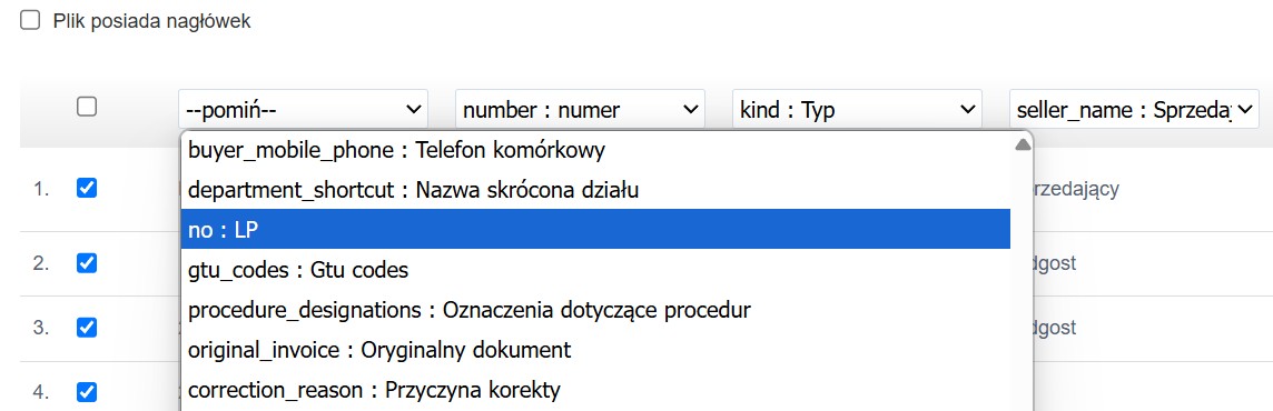 Import faktur w systemie do fakturowania z dostępną opcją wyboru zmiennych w kolumnach w tym zmiennej odpowiedzialnej za liczbę porządkową.