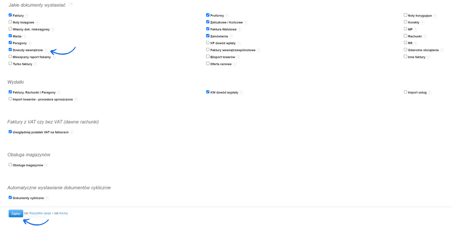 Ustawienia dokumentów w systemie księgowym, zaznaczone opcje dla wydruku dowodów wewnętrznych i miesięcznych raportów fiskalnych.
