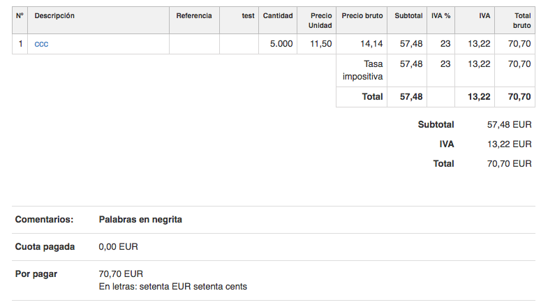 factura con comentarios en negrita