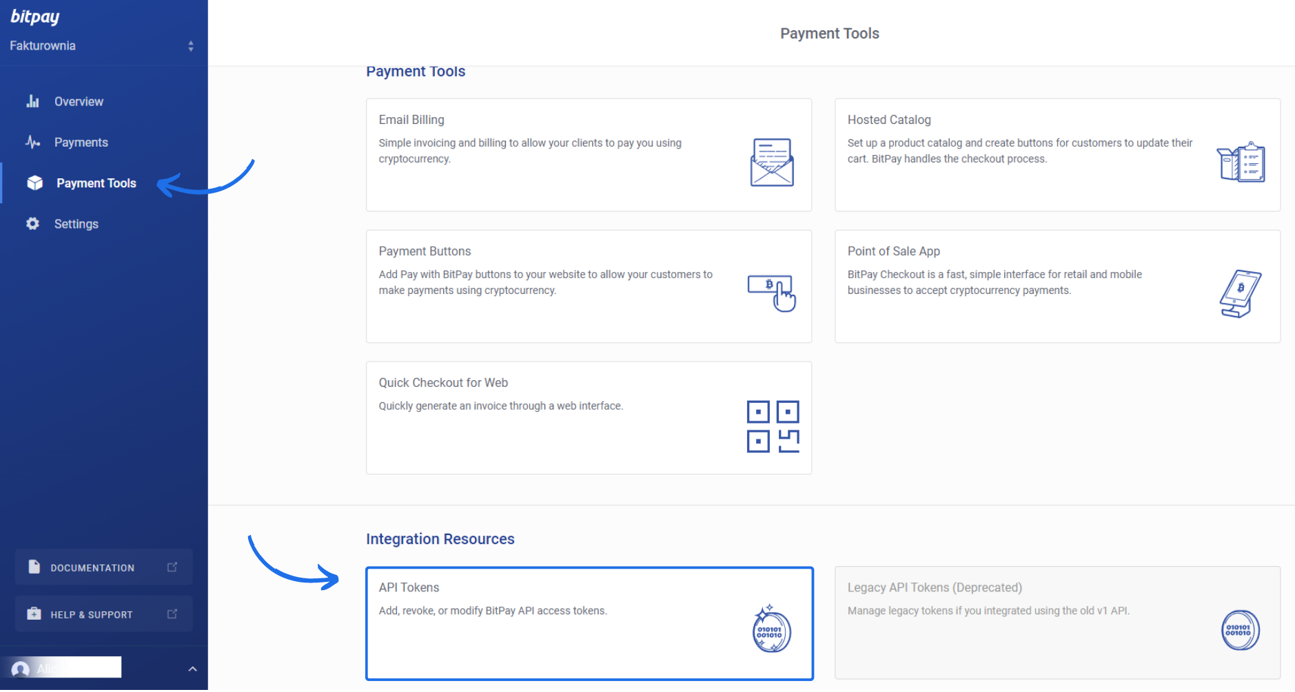 Widok systemu BitPay z aktywnymi do wyboru opcjami w tym zakładką Payment Tools, w której można wygenerować token API.