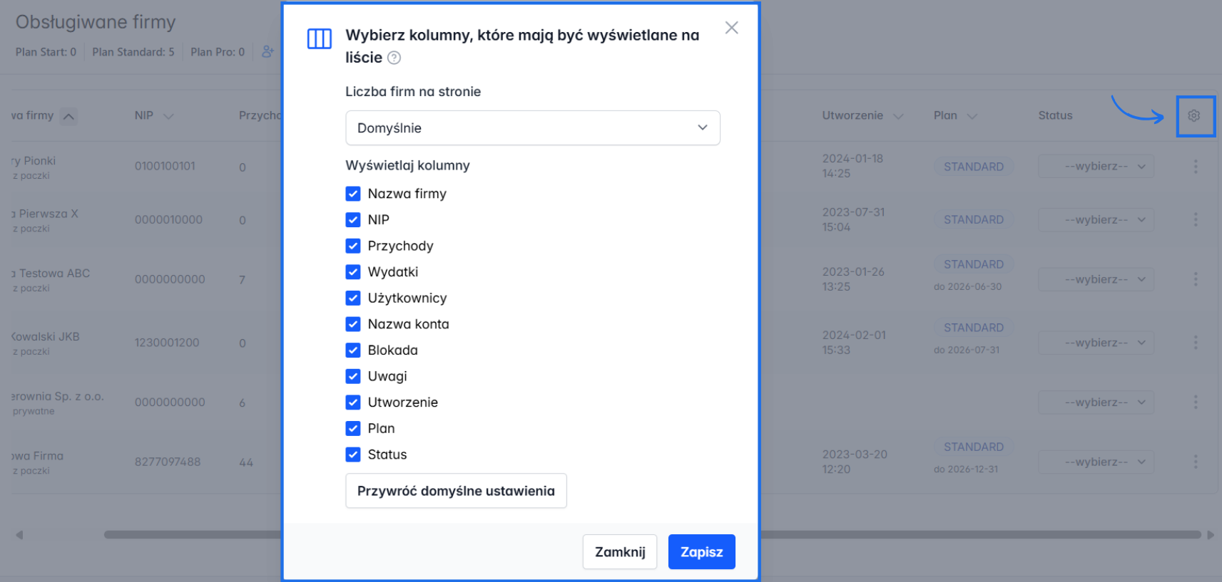 Ustawienia wyświetlanych na liście panelu dla biur kolumn.