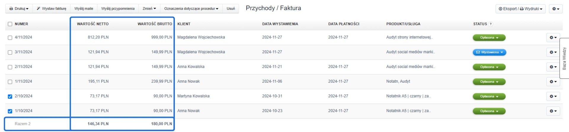 Lista wybranych faktur w module przychody z podsumowaniem wartości netto i brutto dla zaznaczonych dokumentów oraz opcjami edycji.