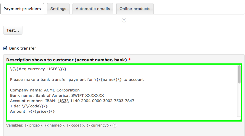payment transfer info