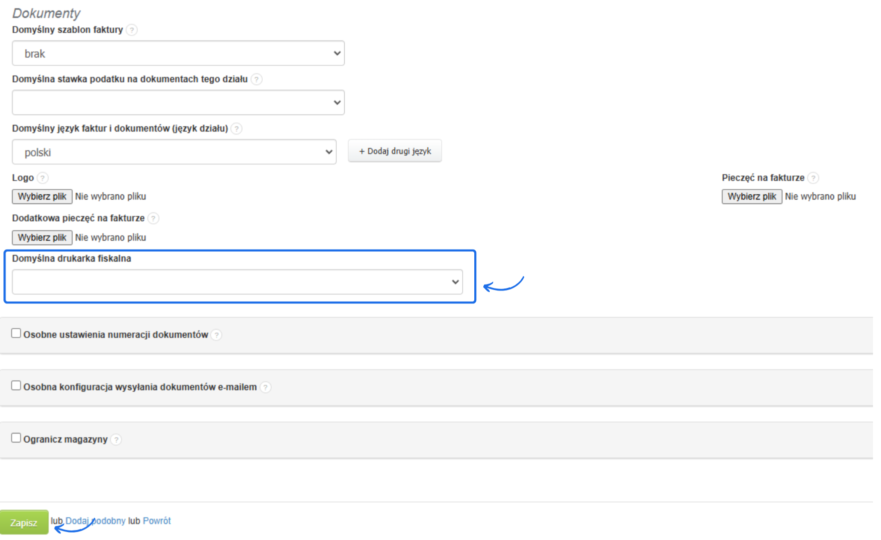 Ustawienia domyślnej drukarki fiskalnej dla działu w systemie, z opcjami konfiguracji dokumentów i numeracji.