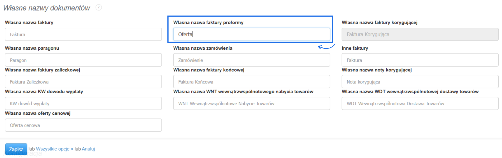 Ustawienia wydruków w systemie Fakturownia z możliwością nadania własnej nazwy dla dokumentu typu proforma.