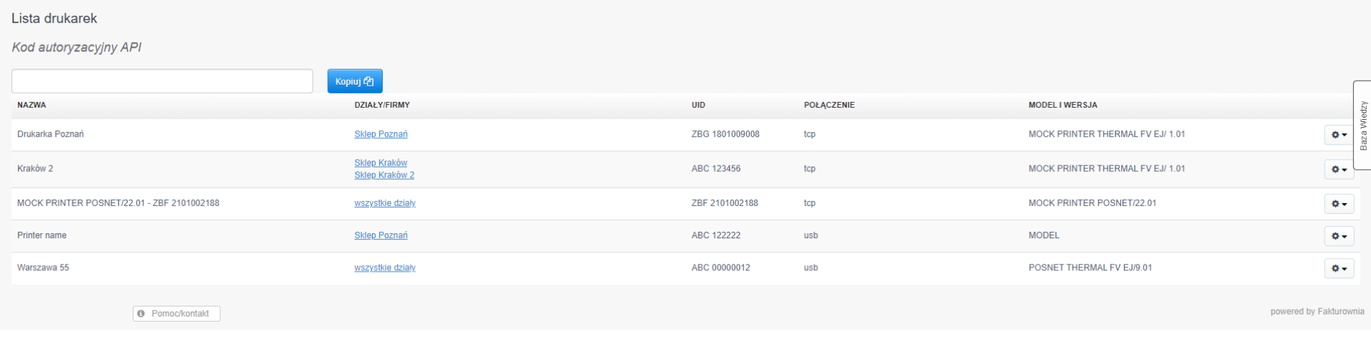 Lista drukarek w systemie Fakturownia.pl z podanymi nazwami, działami, UID, połączeniami oraz modelami i wersjami drukarek.