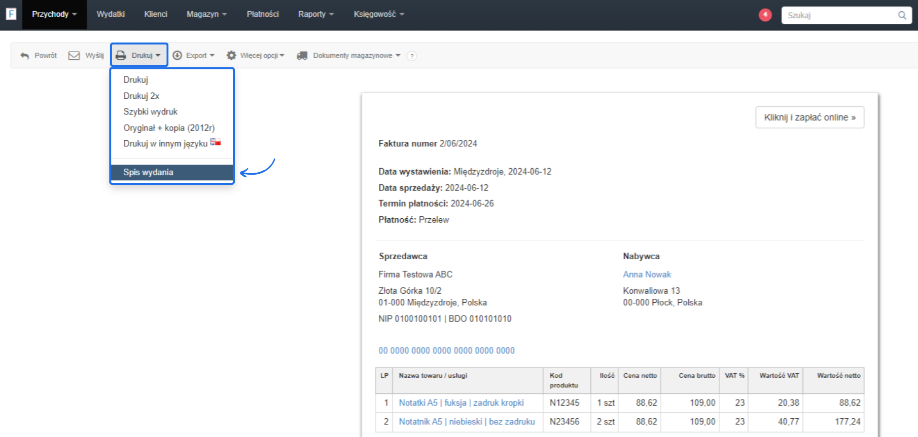 Ekran faktury w systemie fakturowania z rozwiniętym menu Drukuj, zaznaczoną opcją 'Spis wydania', i szczegółami faktury numer 2/06/2024, w tym sprzedawca, nabywca, oraz lista produktów.