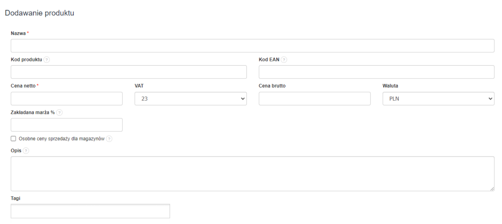 Formularz dodawania nowego produktu w Fakturowni, zawierający pola takie jak nazwa, kod produktu, cena netto, VAT, cena brutto, waluta, opis i kategoria.