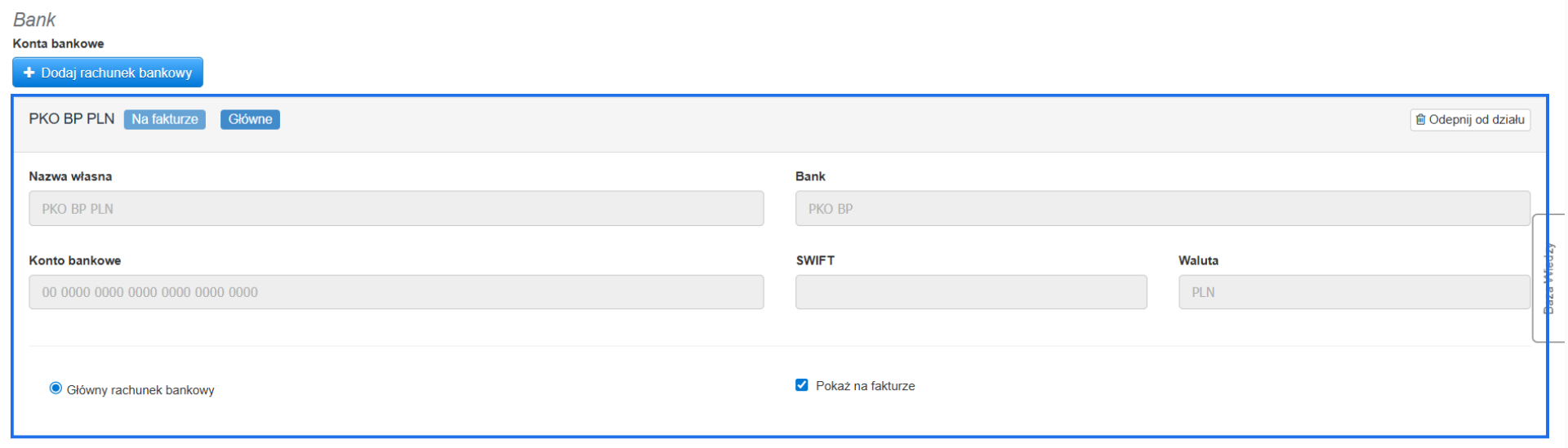 Podsumowanie informacji o dodanym rachunku bankowym w sekcji Bank w ustawieniach działu.
