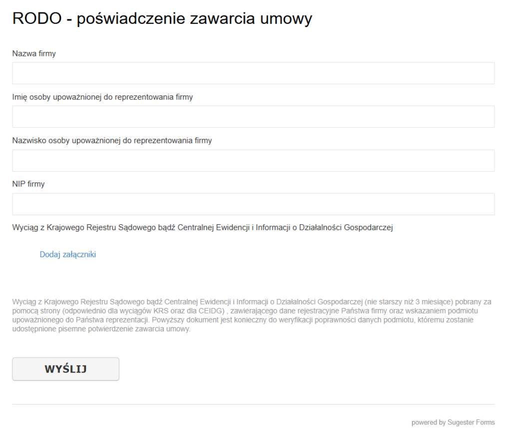 Formularz w celu uzyskania poświadczenia zawarcia umowy i przetwarzania danych osobowych z polami dotyczącymi firmy, danych osoby upoważnionej do reprezentowania i wyciągu z KRS lub CEIDG