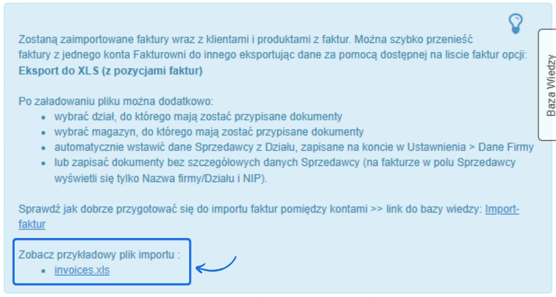 Instrukcja importu faktur w Fakturownia z linkiem do pobrania przykładowego pliku importu 'invoices.xls' dla ułatwienia konfiguracji.