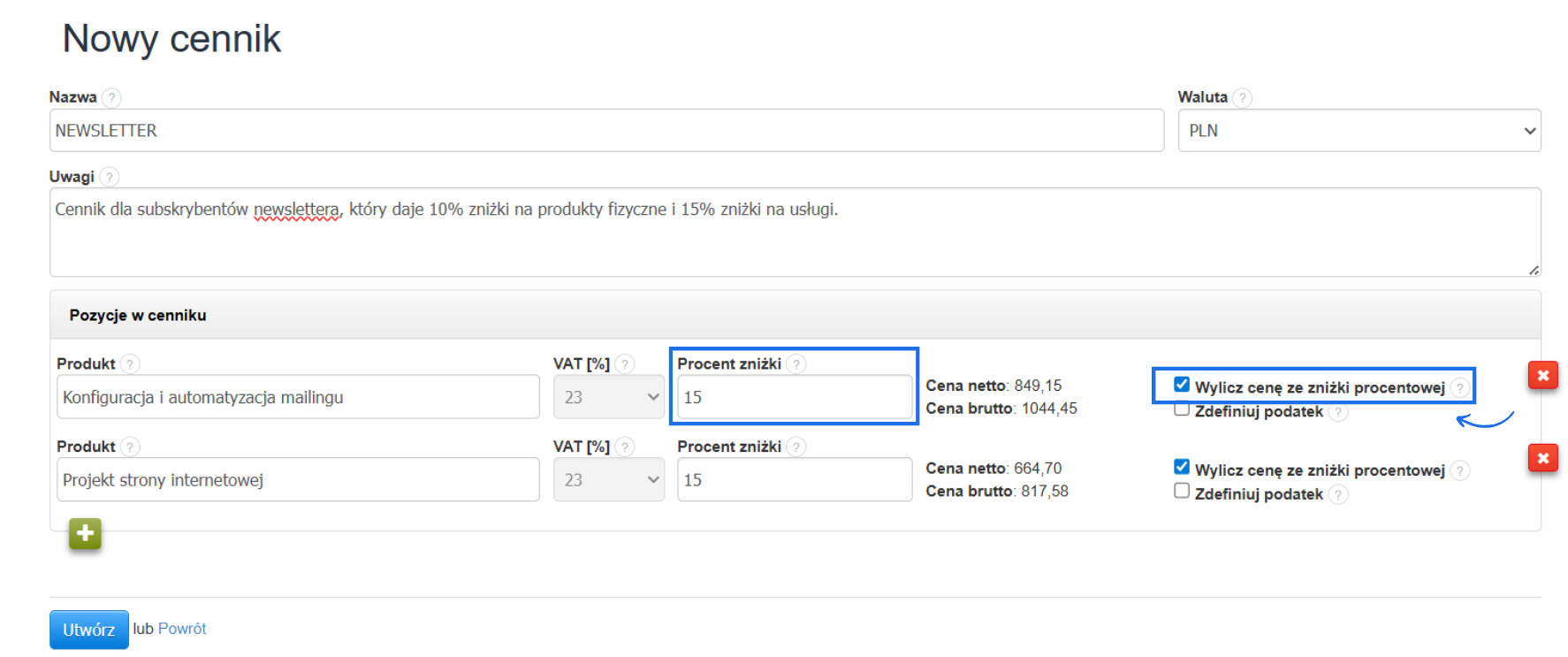 Formularz tworzenia nowego cennika w systemie do fakturowania online z aktywną opcją wyliczenia ceny sprzedaży z uwzględnieniem zniżki procentowej.