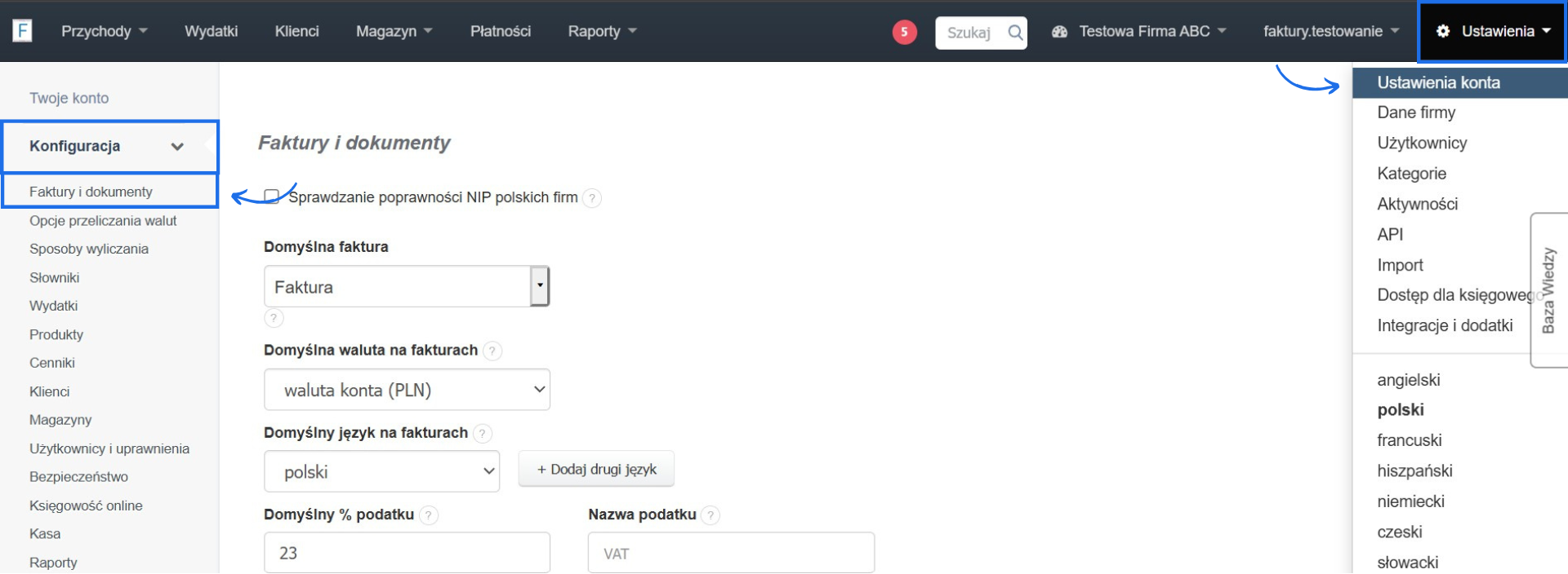 Zakładka ze szczegółowymii ustawieniami konta oraz faktur i innych dokumentów w systemie do fakturowania.