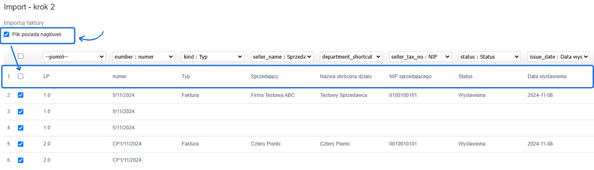 Kroku 2 importu faktur z zaznaczoną opcją 'Plik posiada nagłówek'. Widoczna lista faktur zawiera numery, typ, nazwę sprzedawcy, NIP, status, oraz datę wystawienia.