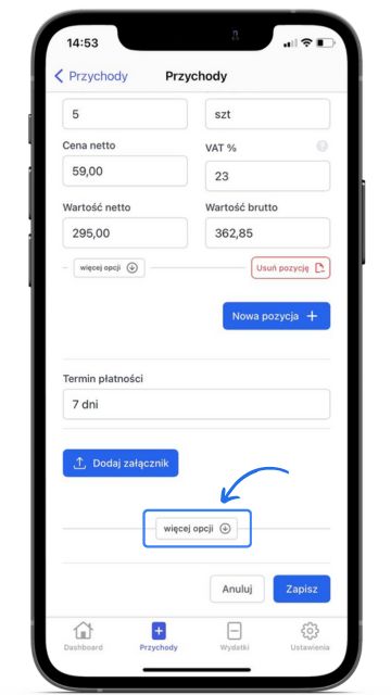 Ekran aplikacji mobilnej Fakturowni – edycja dokumentu przychodu z opcjami dodawania pozycji, załączników i rozwijania dodatkowych ustawień.